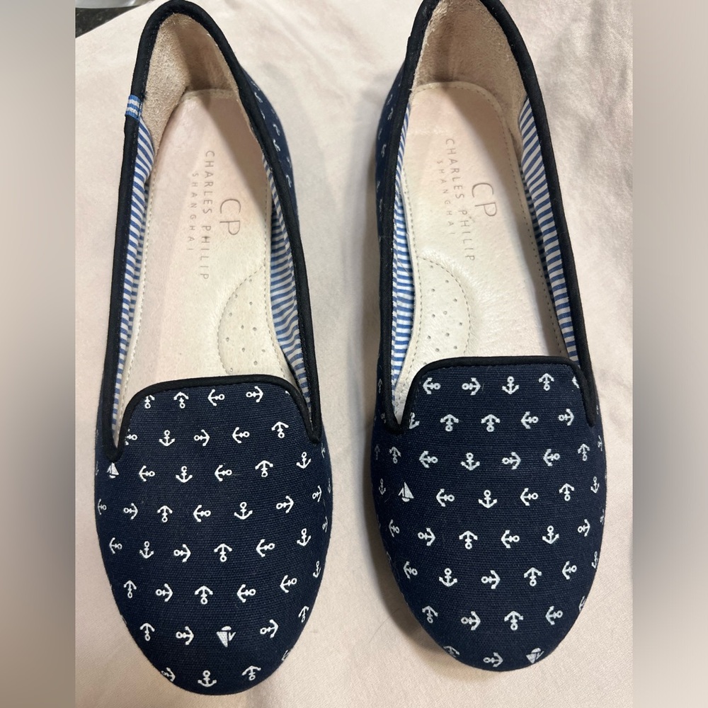 Charles Philip Navy Blue and White Canvas Anchor Print Loafers 6.5